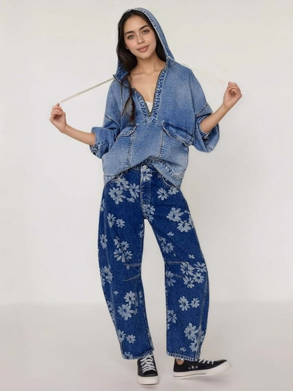 Half Zip Denim Hoodie Trendy Oversized Pullover with Drawstring L - Picture 2 of 6